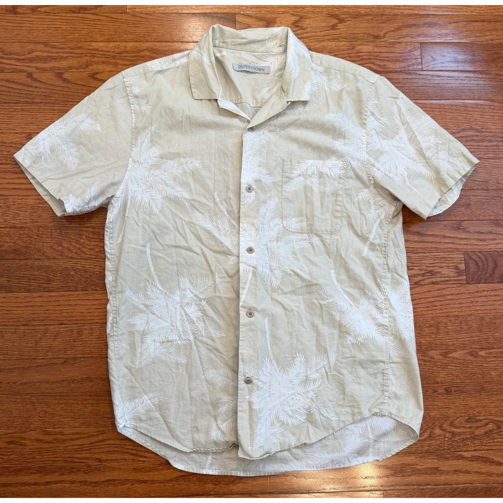 Outerknown Button-Down Shirt Men Large Tan Palm Tree Tropical Camp Loop Collar